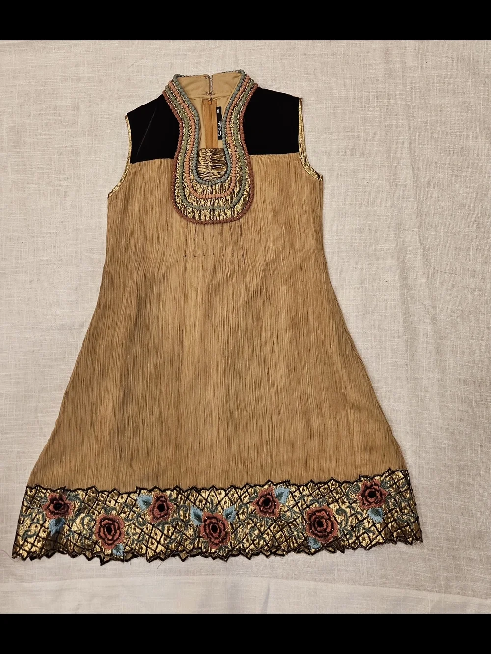 Embroidered Gold-Tan Girls' A-Line Dress with Floral Hem